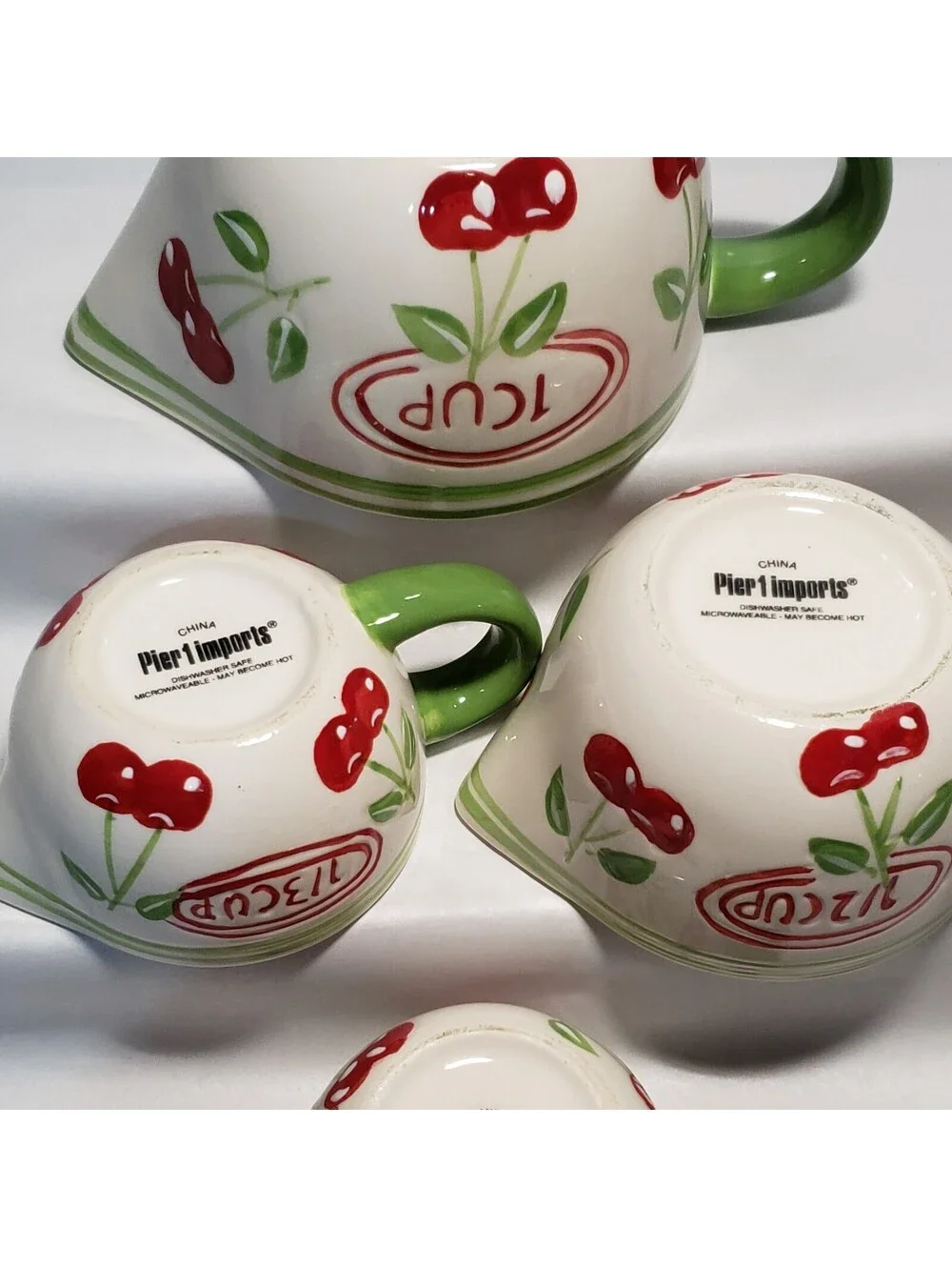 Pier 1 Imports Measuring Cup Set Cherries Ceramic 4 piece Kitchen Green Red
